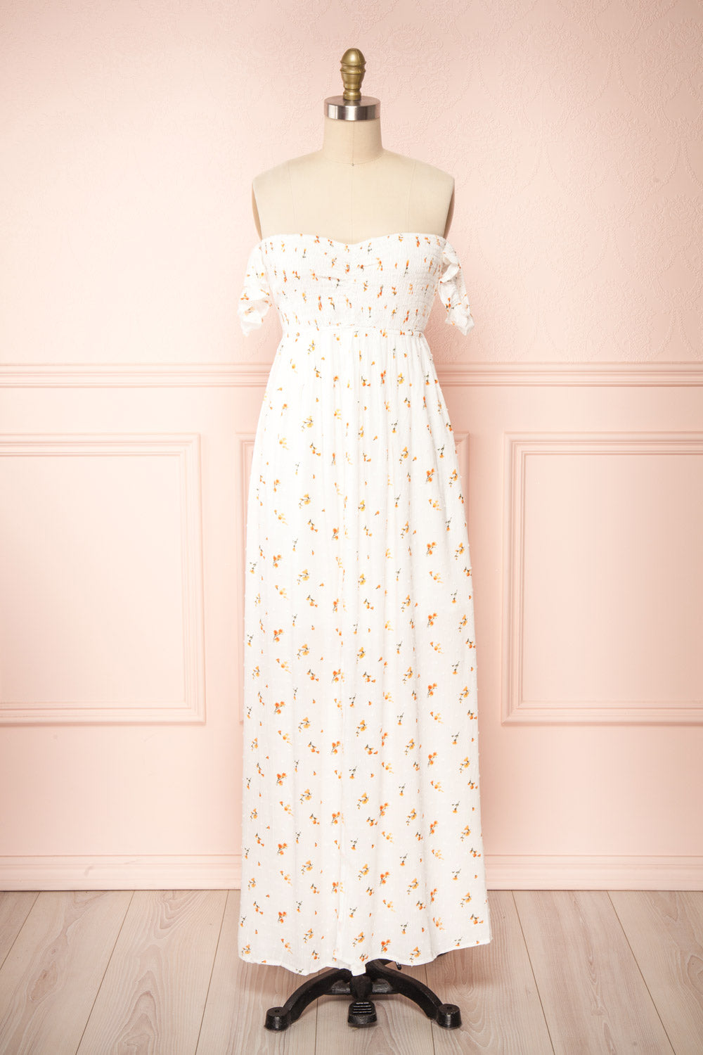 Elenie White Off Shoulder Maxi Dress | Boutique 1861 front view