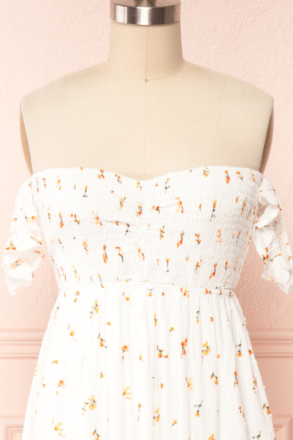 Elenie White Off Shoulder Maxi Dress | Boutique 1861 front close up