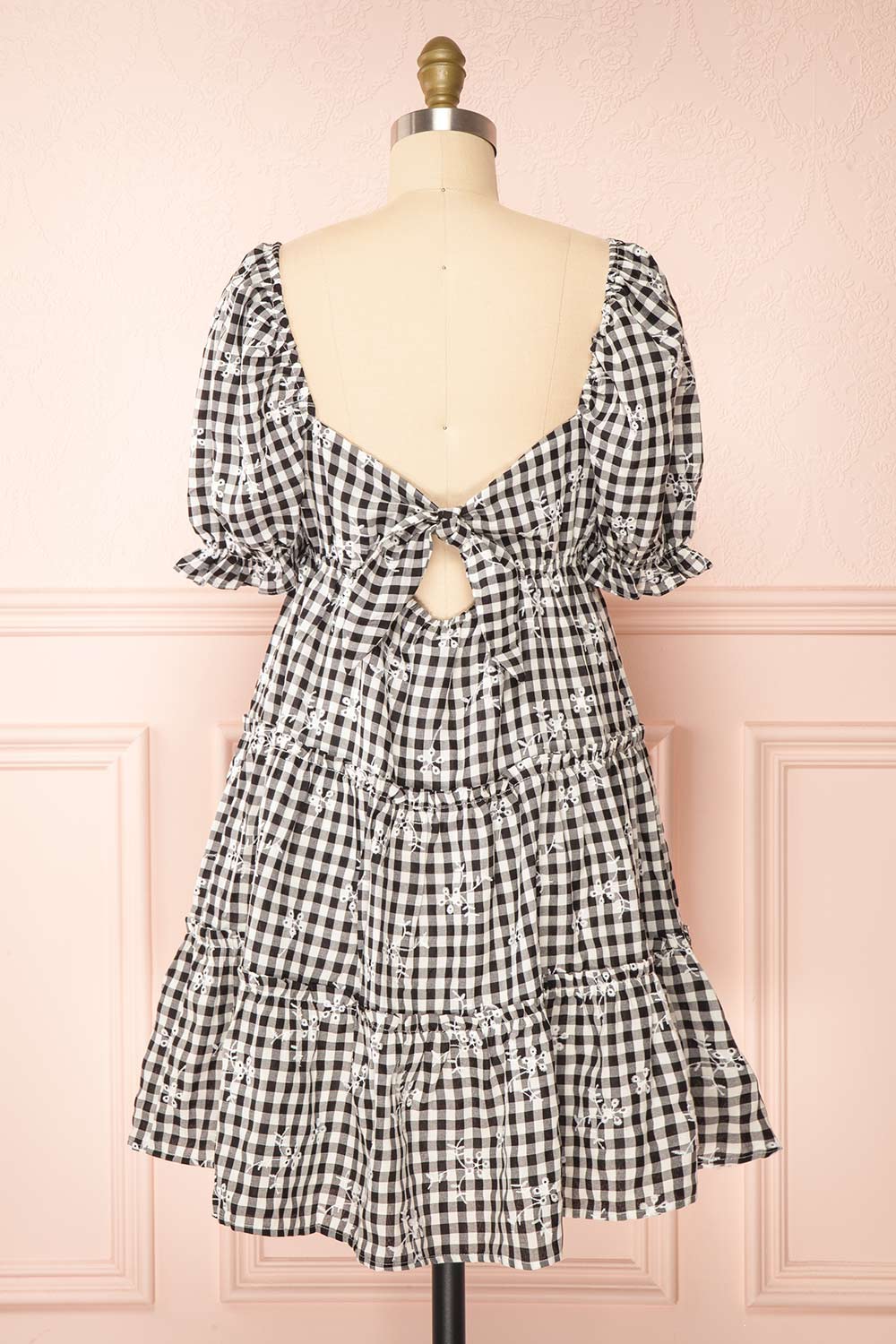 Elfie Black & White Short Tiered Gingham Print Dress | Boutique 1861 back view