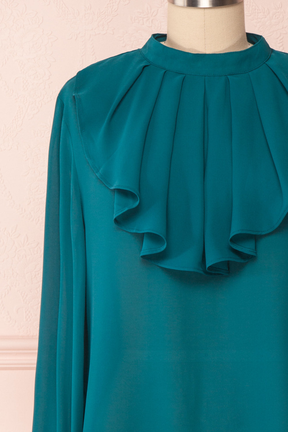 Eliana Emeraude Green Blouse with Ruffles | Boutique 1861 front close-up