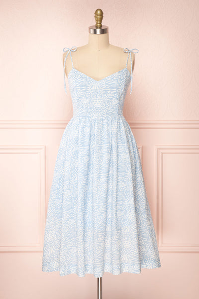Eloise Blue Patterned Knotted Straps Midi Dress | Boutique 1861 front view