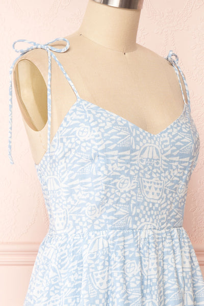 Eloise Blue Patterned Knotted Straps Midi Dress | Boutique 1861 side close up
