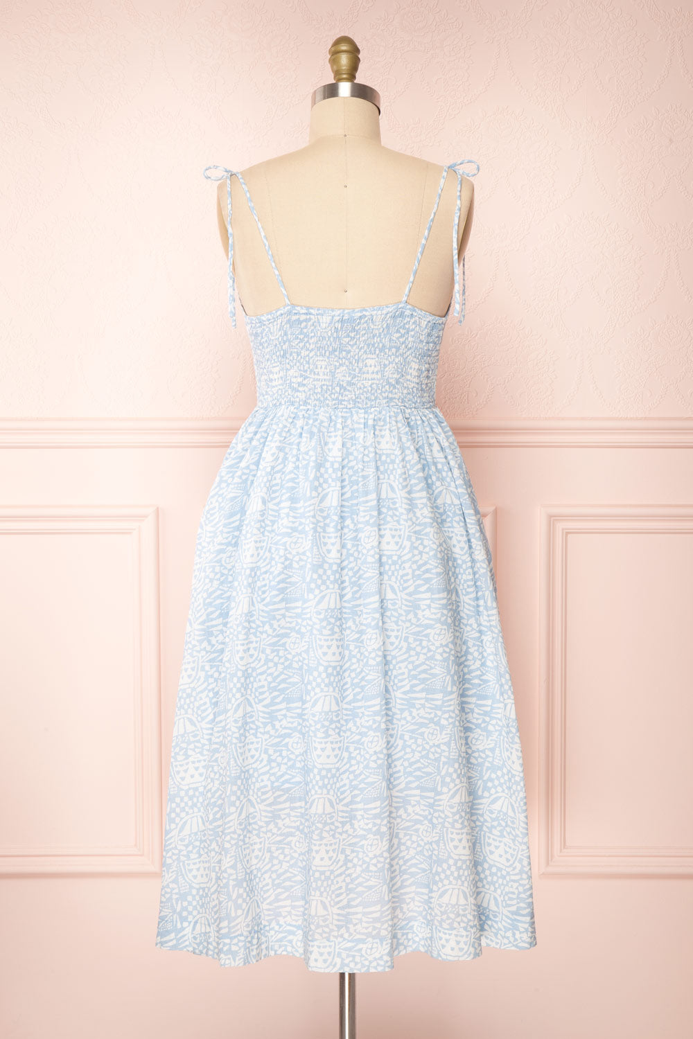 Eloise Blue Patterned Knotted Straps Midi Dress | Boutique 1861 back view