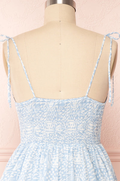 Eloise Blue Patterned Knotted Straps Midi Dress | Boutique 1861 back close up