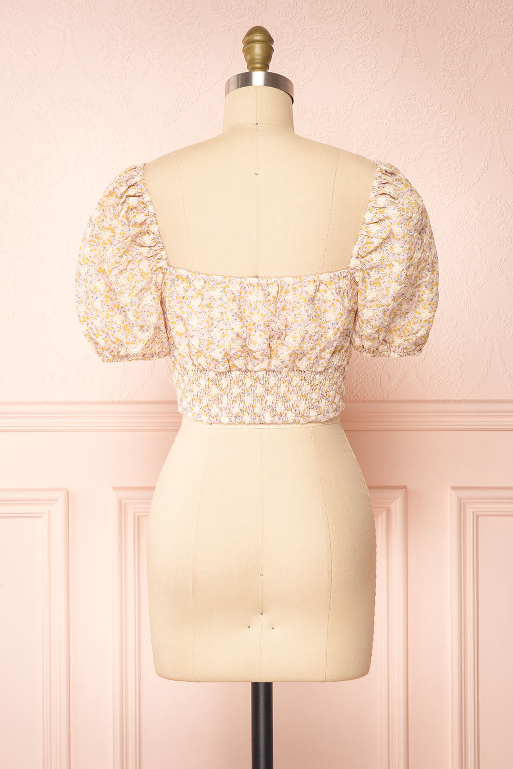 Elsa Pink Floral Embroidered Crop Top w/ Puff Sleeves | Boutique 1861 back view 