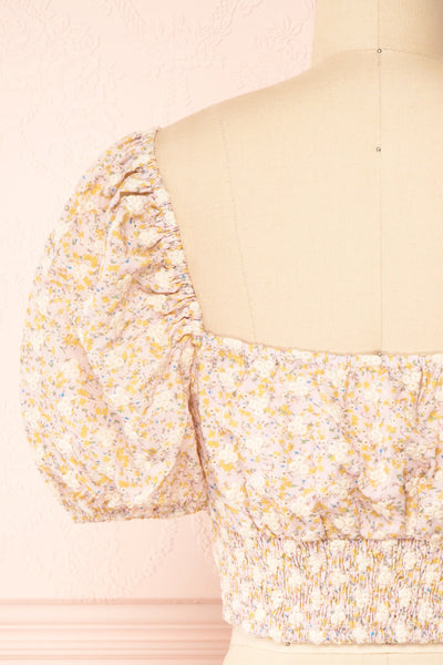 Elsa Pink Floral Embroidered Crop Top w/ Puff Sleeves | Boutique 1861 back close-up