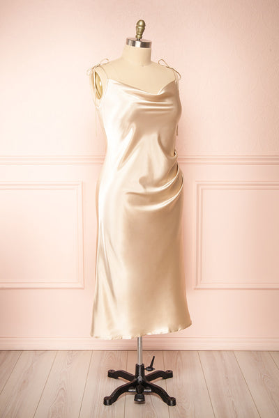Elyse Beige Cowl Neck Midi Dress | Boutique 1861  side taille plus