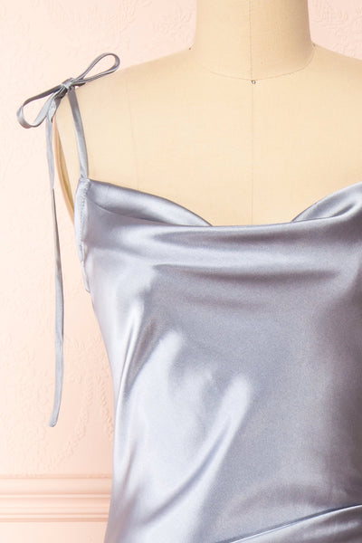 Elyse Blue Cowl Neck Midi Dress | Boutique 1861 front close-up