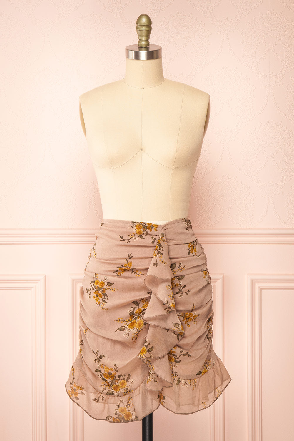 Embla Short Floral Ruched Skirt w/ Ruffles | Boutique 1861 front view