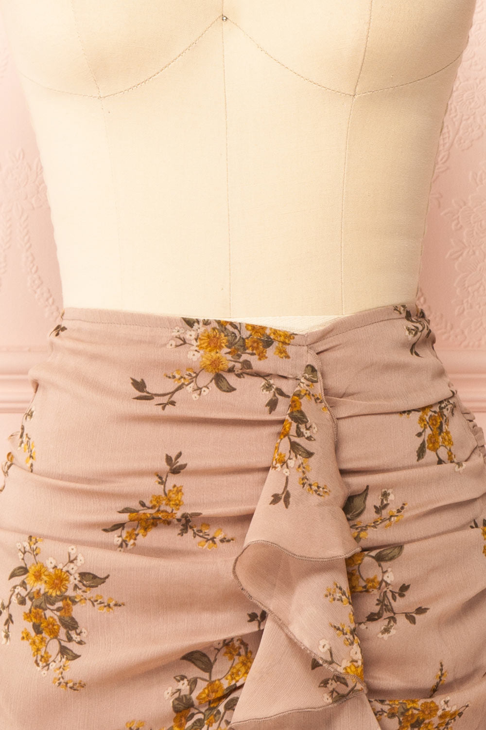Embla Short Floral Ruched Skirt w/ Ruffles | Boutique 1861 front close-up