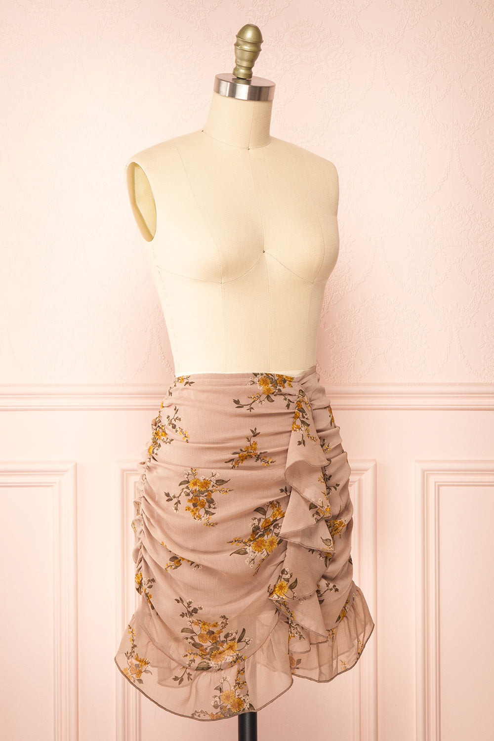 Embla Short Floral Ruched Skirt w/ Ruffles | Boutique 1861 side view