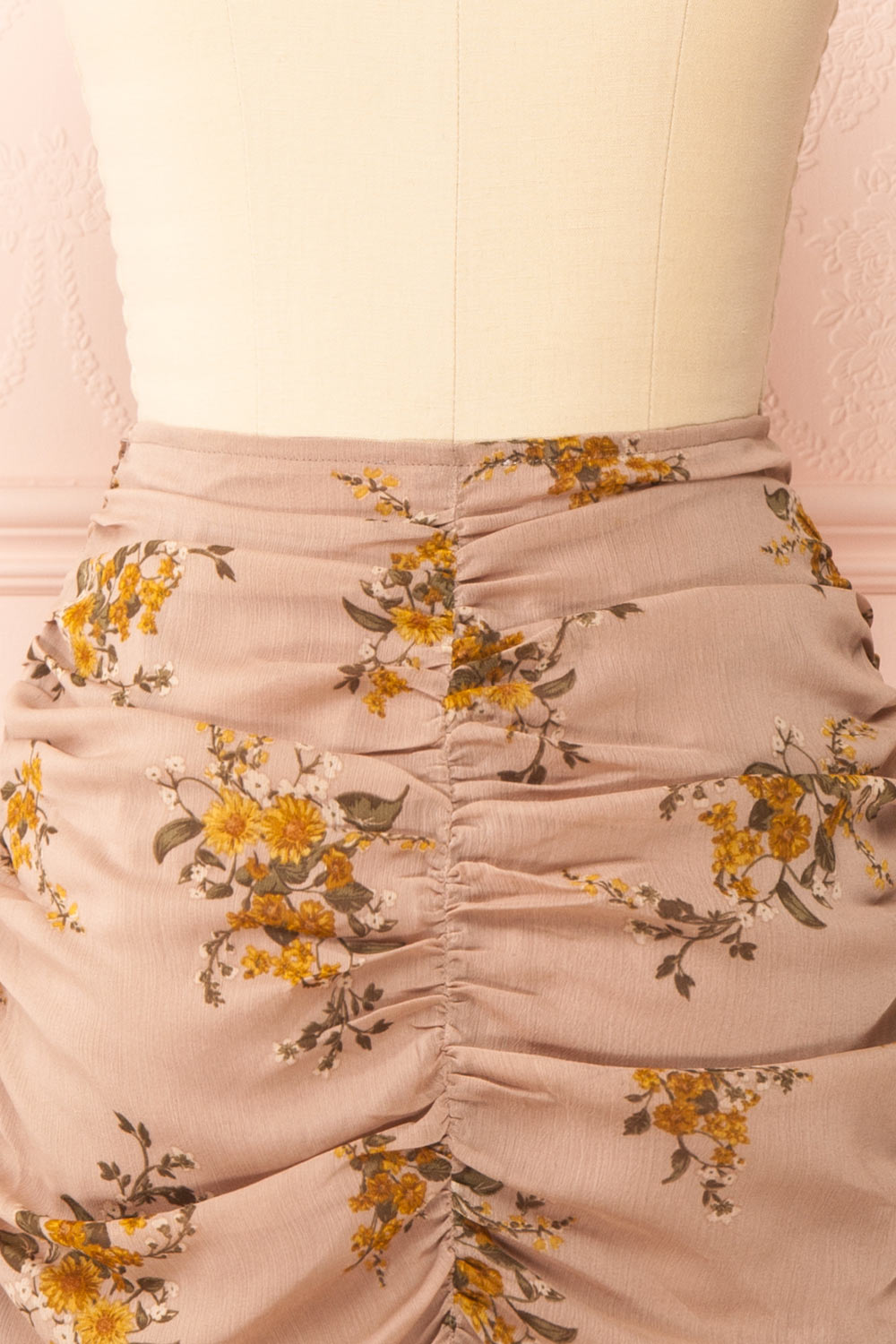 Embla Short Floral Ruched Skirt w/ Ruffles | Boutique 1861 back close-up