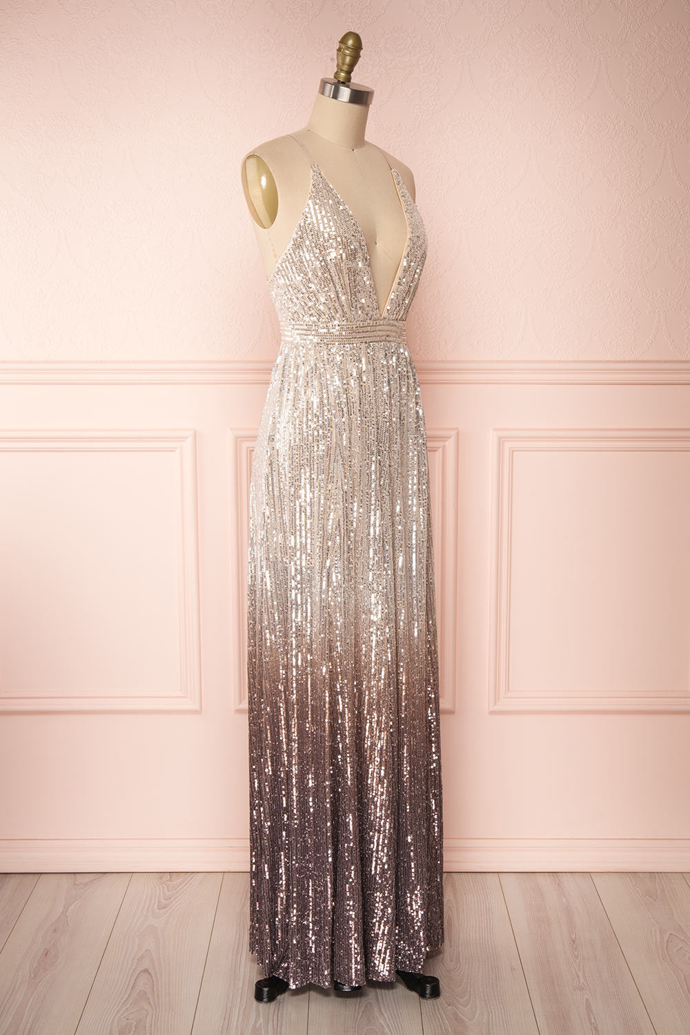 Emerentine Taupe Ombre Sequin Gown | Robe side view | Boutique 1861