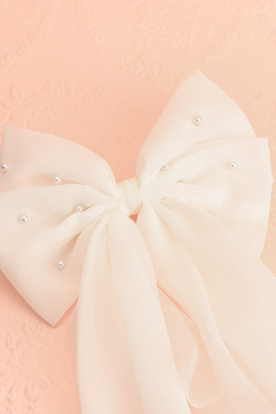 Emilie White Bow Hair Clip w/ Pearls | Boudoir 1861 close-up