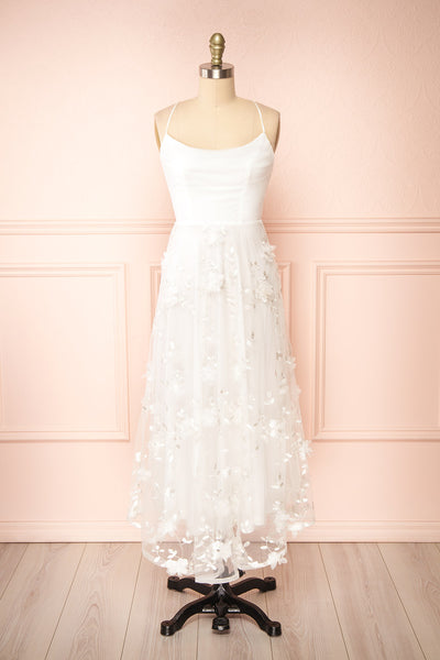 Eneka White Midi Tulle Dress w/ Floral Embroidery | Boudoir 1861 front view