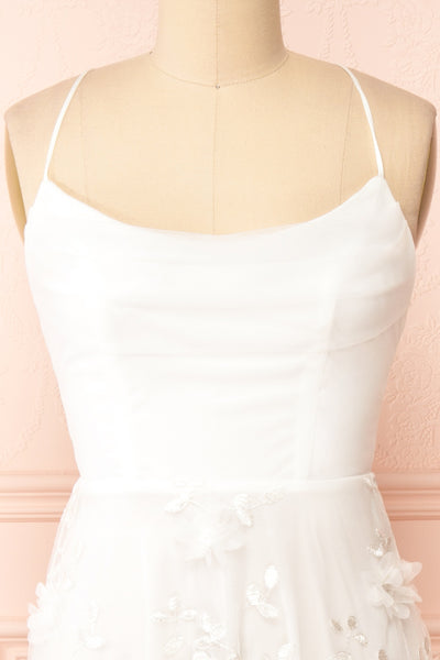 Eneka White Midi Tulle Dress w/ Floral Embroidery | Boudoir 1861 front close-up