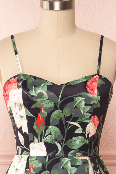 Enenra Black & Floral Print A-Line Midi Dress front close up | Boutique 1861