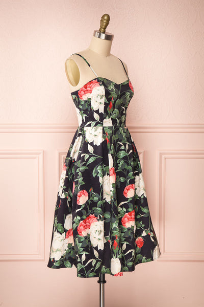 Enenra Black & Floral Print A-Line Midi Dress side view | Boutique 1861