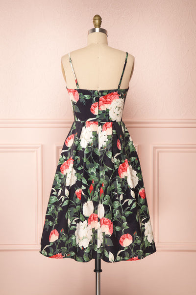 Enenra Black & Floral Print A-Line Midi Dress back view | Boutique 1861