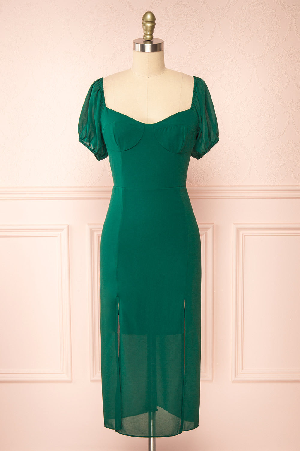 Enora Green Midi Dress w/ Side Slits | Boutique 1861  front view