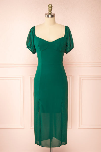 Enora Green Midi Dress w/ Side Slits | Boutique 1861  front view