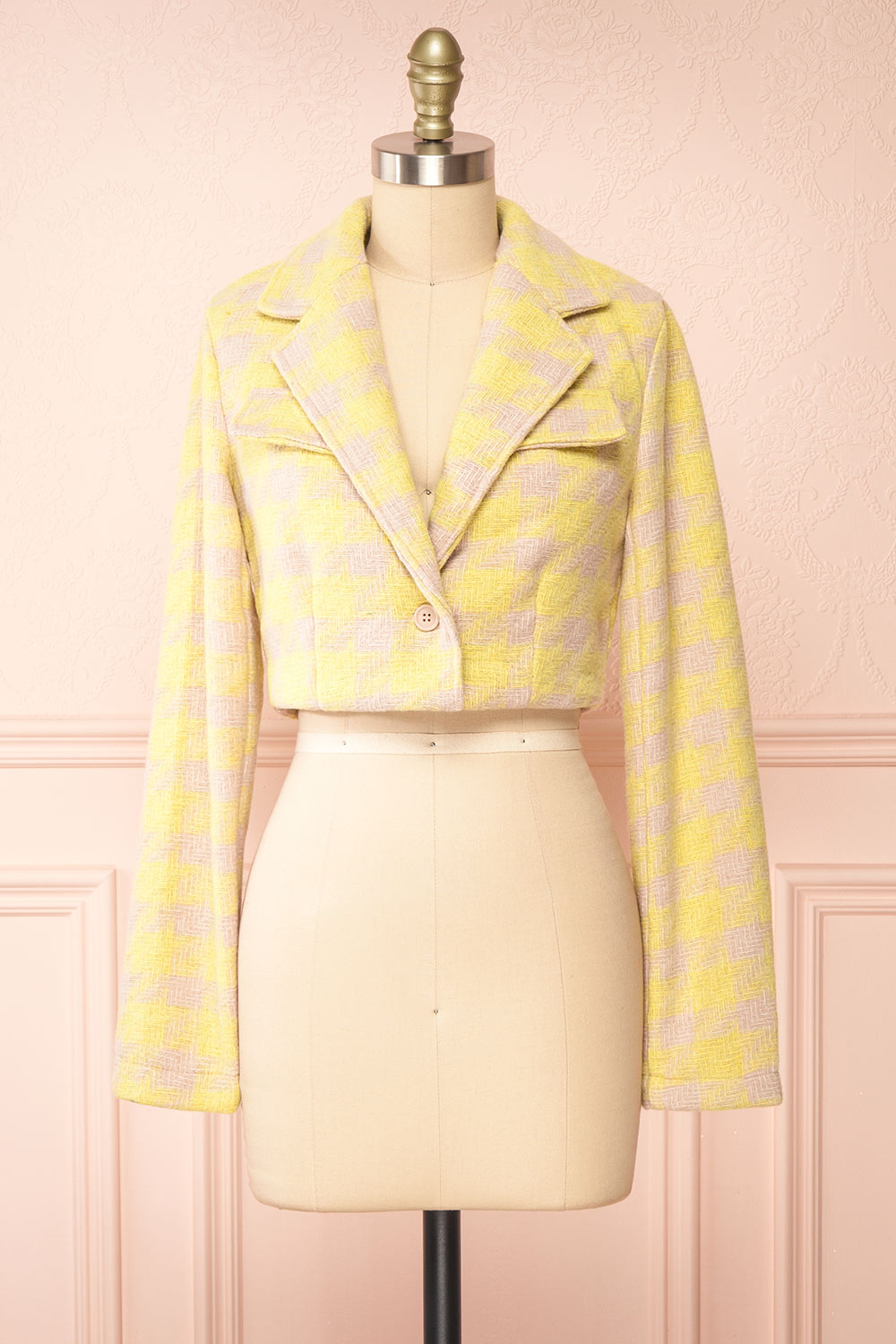 Set Lanajane Yellow Houndstooth Cropped Blazer and Skirt | Boutique 1861 top front view