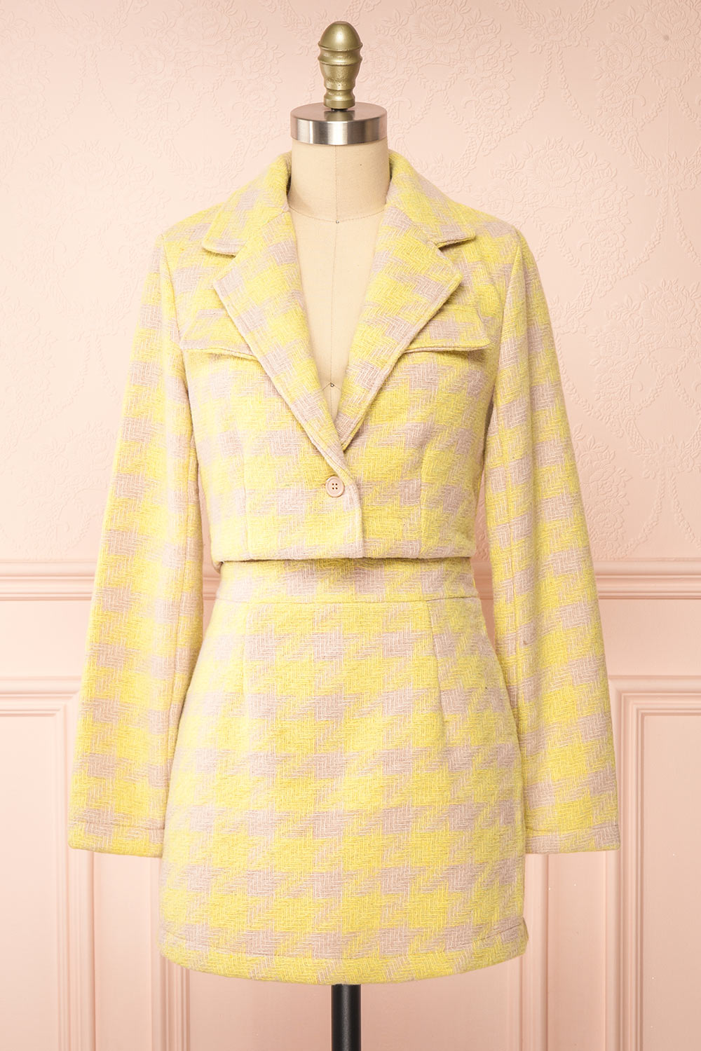 Set Lanajane Yellow Houndstooth Cropped Blazer and Skirt | Boutique 1861