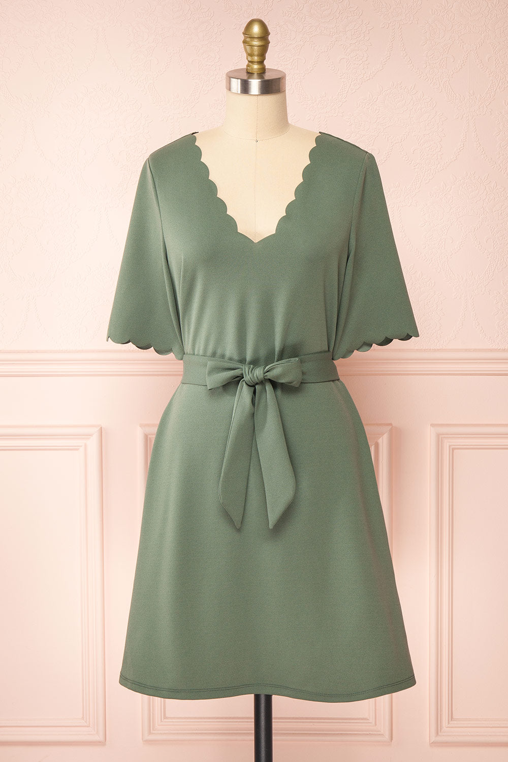 Envy Green Scalloped V-Neck Short Dress | Boutique 1861 front view