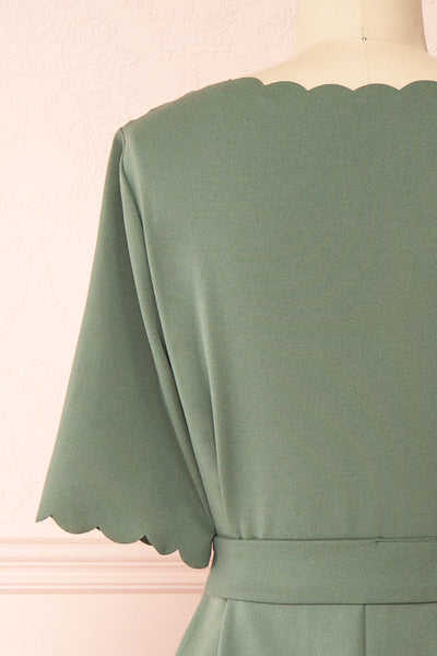 Envy Green Scalloped V-Neck Short Dress | Boutique 1861 back close-up