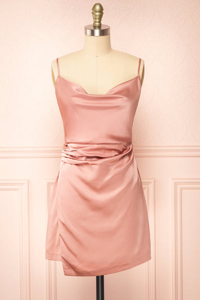 Enya Pink Short Satin Dress w/ Cowl Neck | Boutique 1861 front view