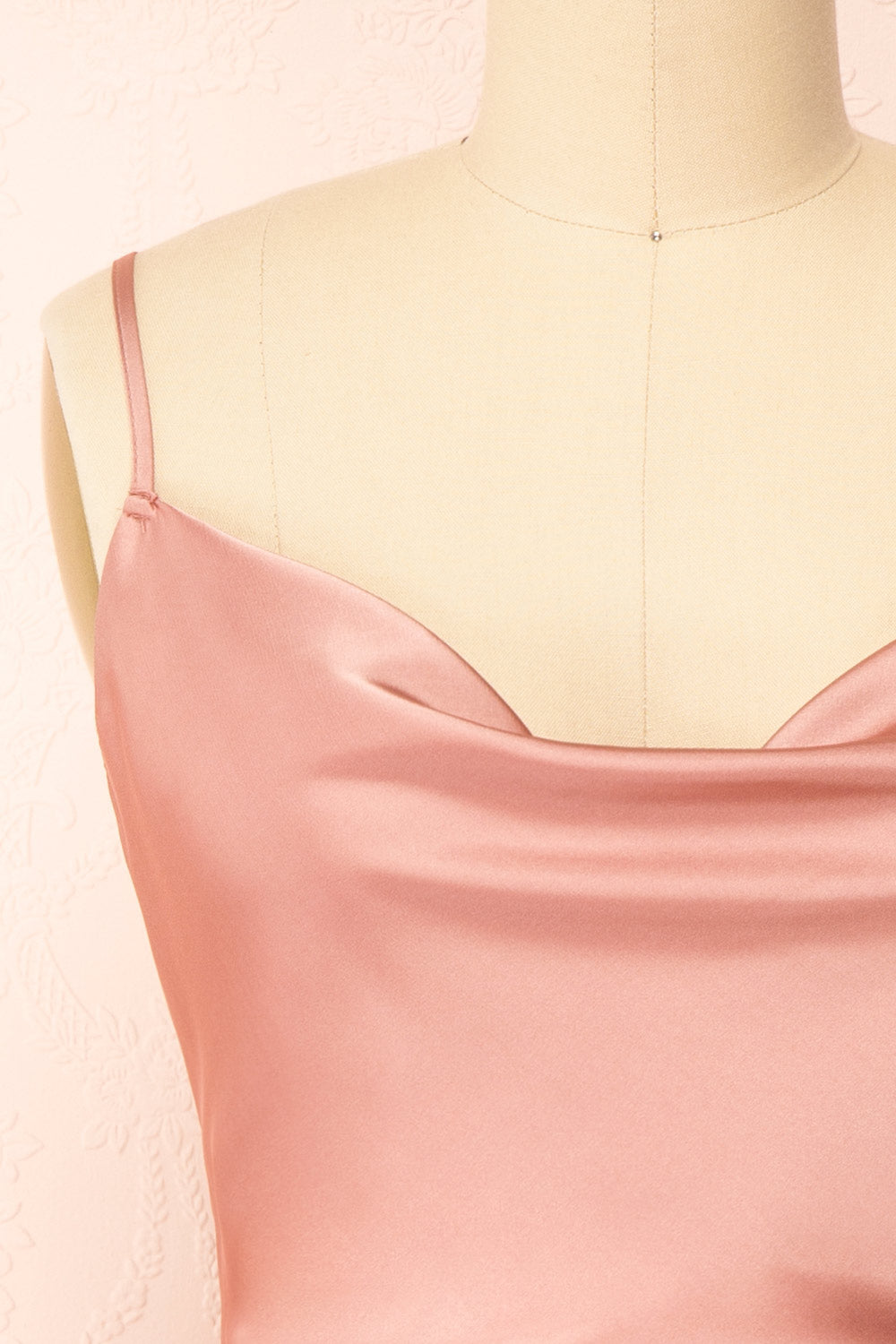 Enya Pink Short Satin Dress w/ Cowl Neck | Boutique 1861 front close-up