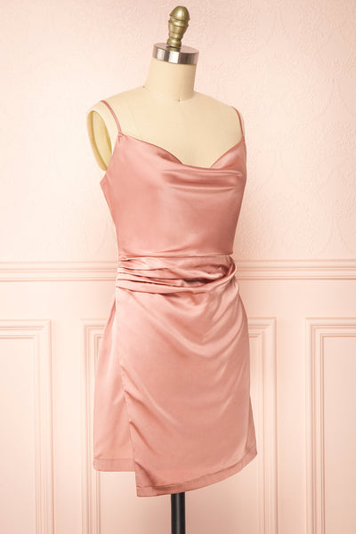 Enya Pink Short Satin Dress w/ Cowl Neck | Boutique 1861 side view