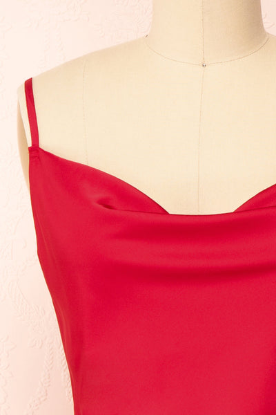 Enya Red Short Satin Dress w/ Cowl Neck | Boutique 1861 front close-up