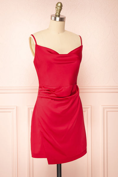 Enya Red Short Satin Dress w/ Cowl Neck | Boutique 1861 side view