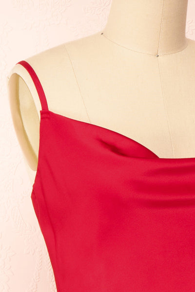 Enya Red Short Satin Dress w/ Cowl Neck | Boutique 1861 side close-up