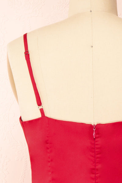 Enya Red Short Satin Dress w/ Cowl Neck | Boutique 1861 back close-up