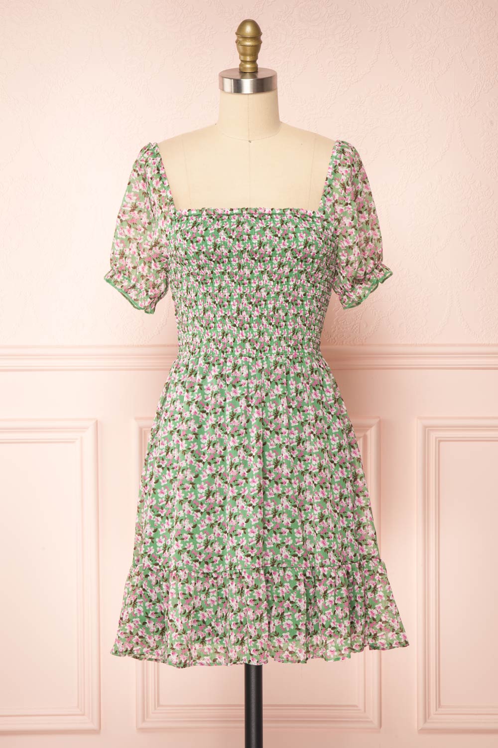 Esmeralda Green Ruched Short Sleeve Floral Dress | Boutique 1861 front view