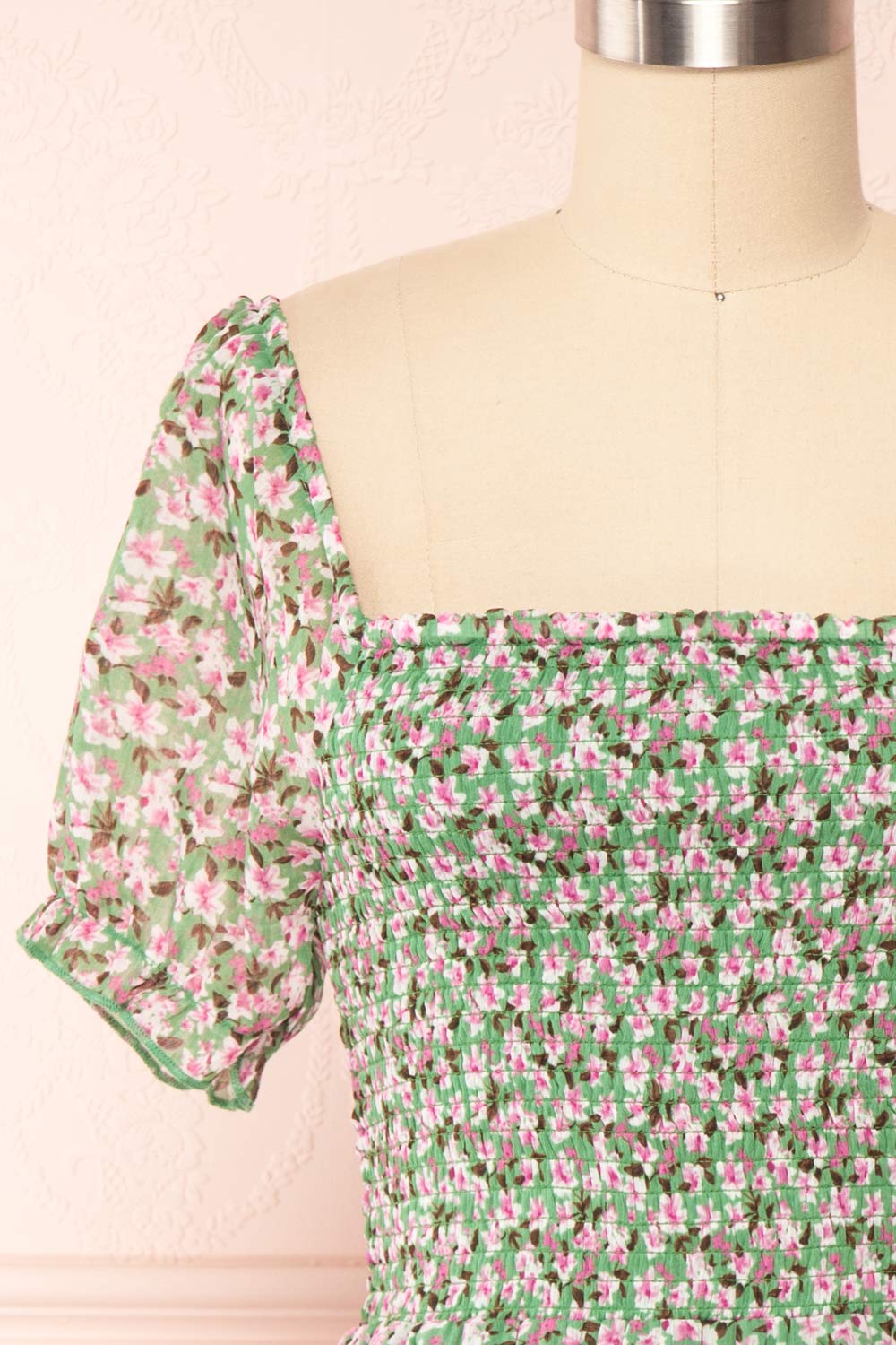 Esmeralda Green Ruched Short Sleeve Floral Dress | Boutique 1861 front close up