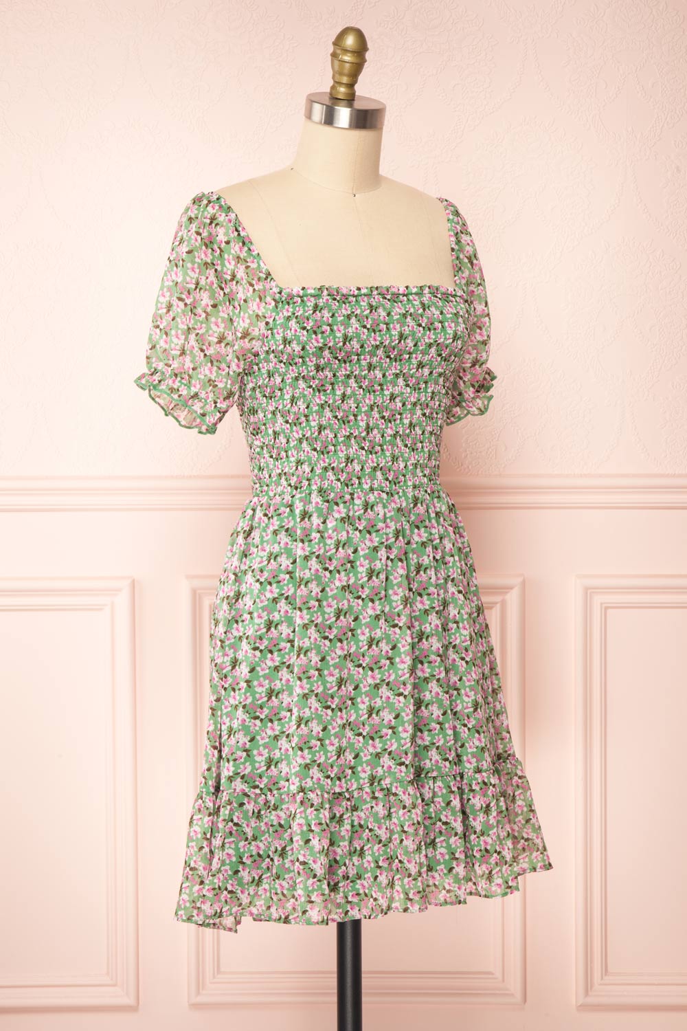 Esmeralda Green Ruched Short Sleeve Floral Dress | Boutique 1861 side view
