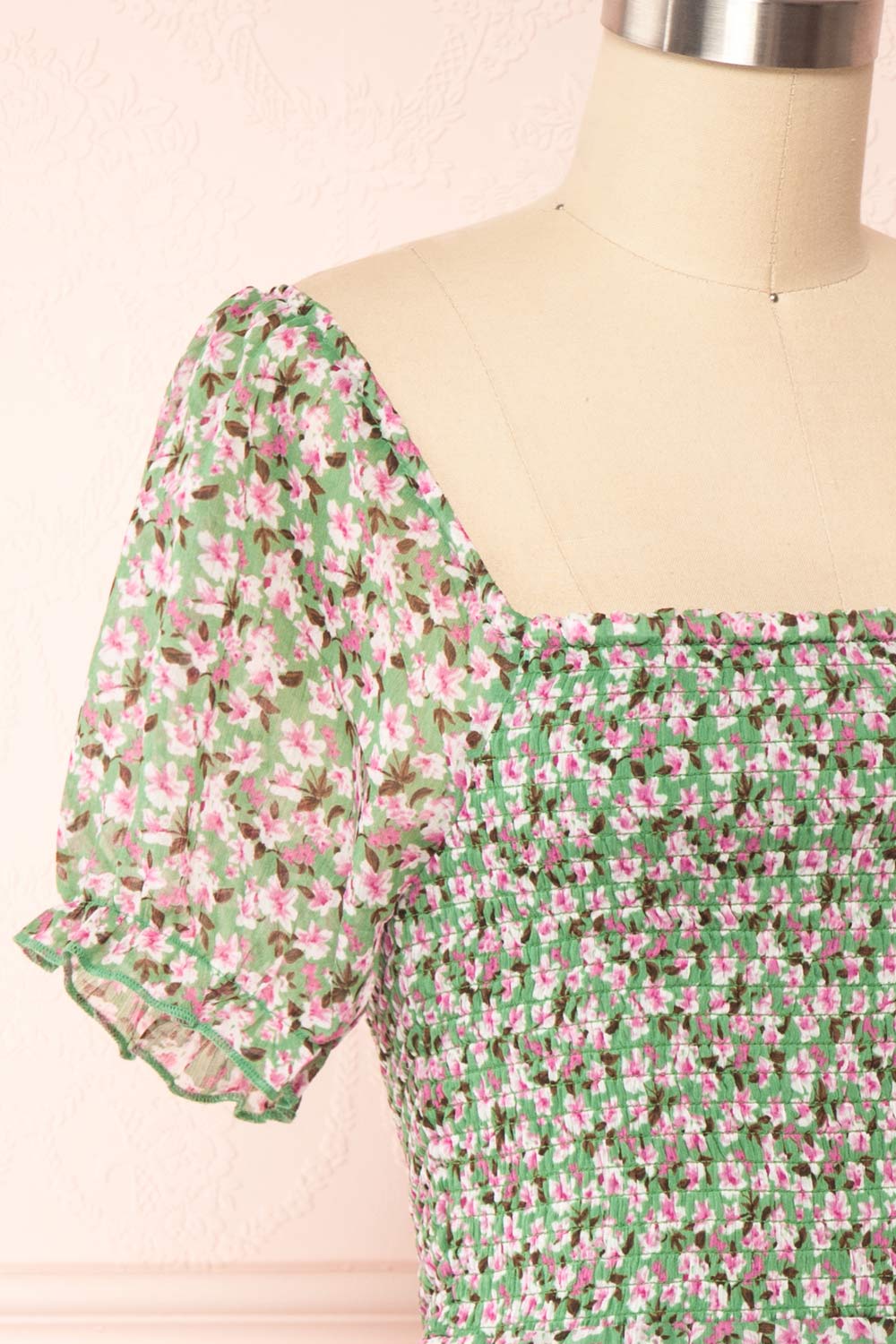 Esmeralda Green Ruched Short Sleeve Floral Dress | Boutique 1861 side close up