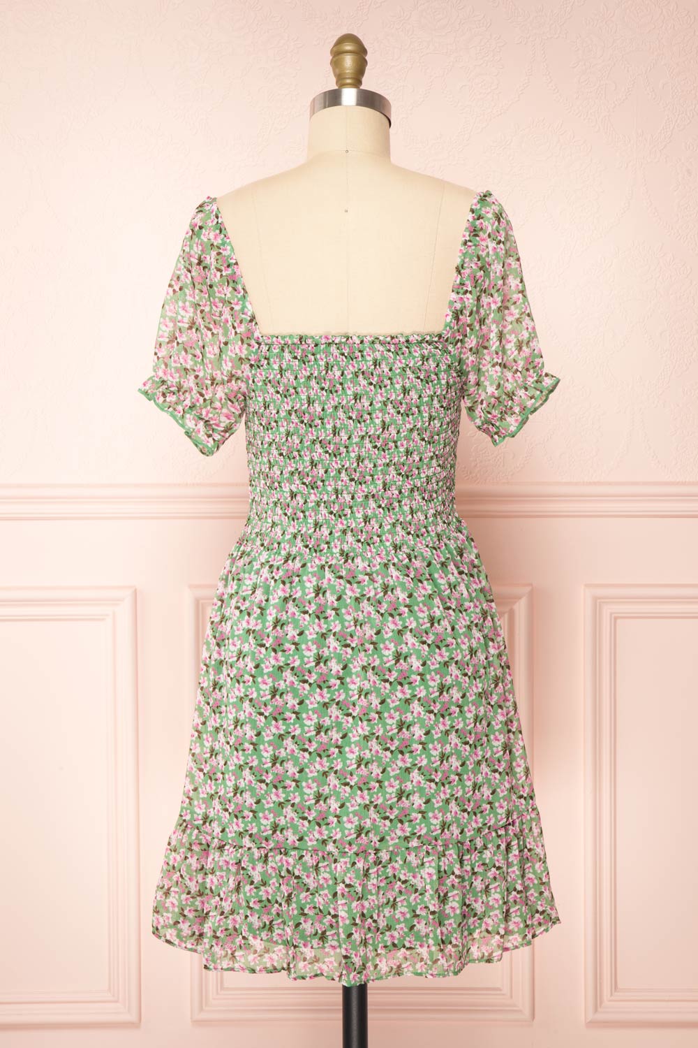 Esmeralda Green Ruched Short Sleeve Floral Dress | Boutique 1861 back view