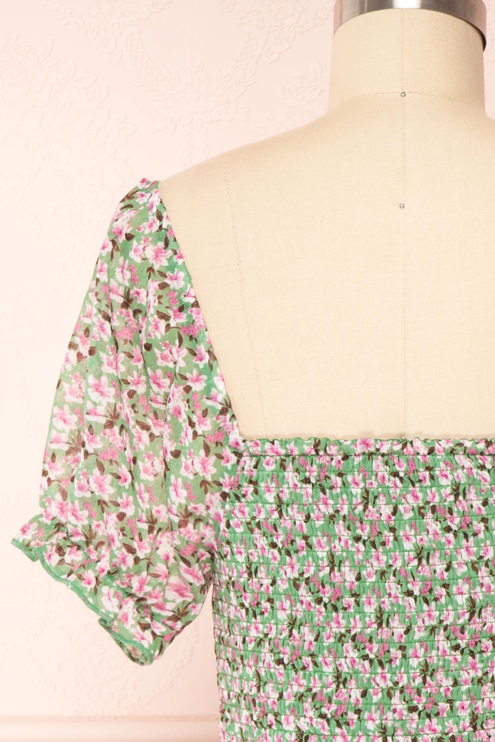 Esmeralda Green Ruched Short Sleeve Floral Dress | Boutique 1861 back close up