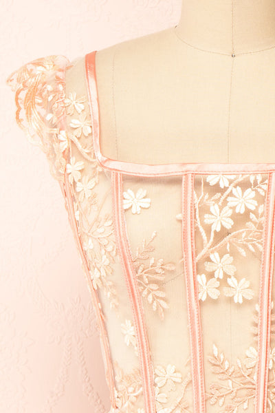 Esmerelda Mesh Corset Top w/ Embroidery | Boutique 1861 front close-up