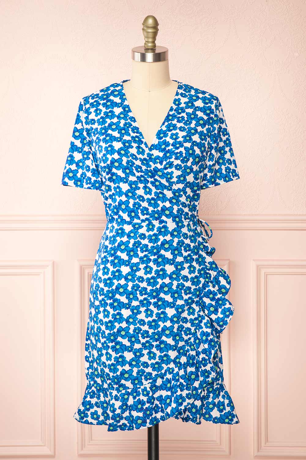 Esrin Blue Short Floral Wrap Dress | Boutique 1861 front view