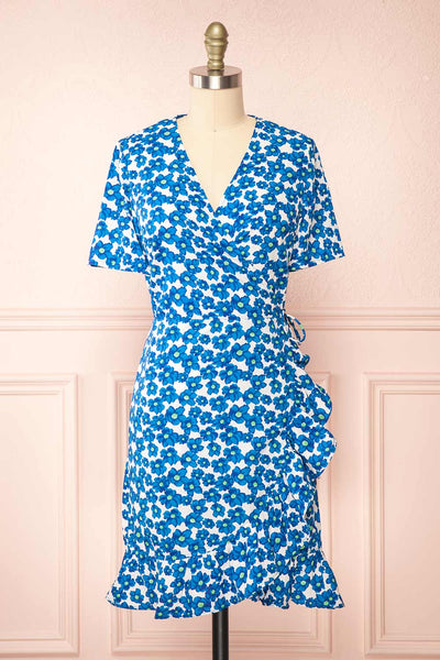 Esrin Blue Short Floral Wrap Dress | Boutique 1861 front view