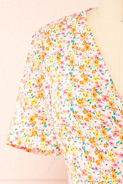 Esrin Orange Short Floral Wrap Dress | Boutique 1861 front close-up
