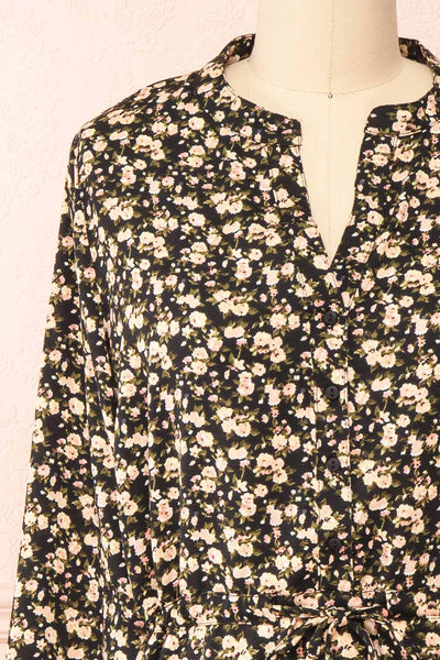 Estefania Black Floral Short V-Neck Dress | Boutique 1861 front close-up