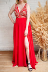 Esther Red Maxi Prom Dress with Slit | Boutique 1861 on model