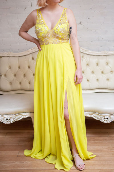 Esther Yellow Maxi Prom Dress with Slit | Boutique 1861 model yellow