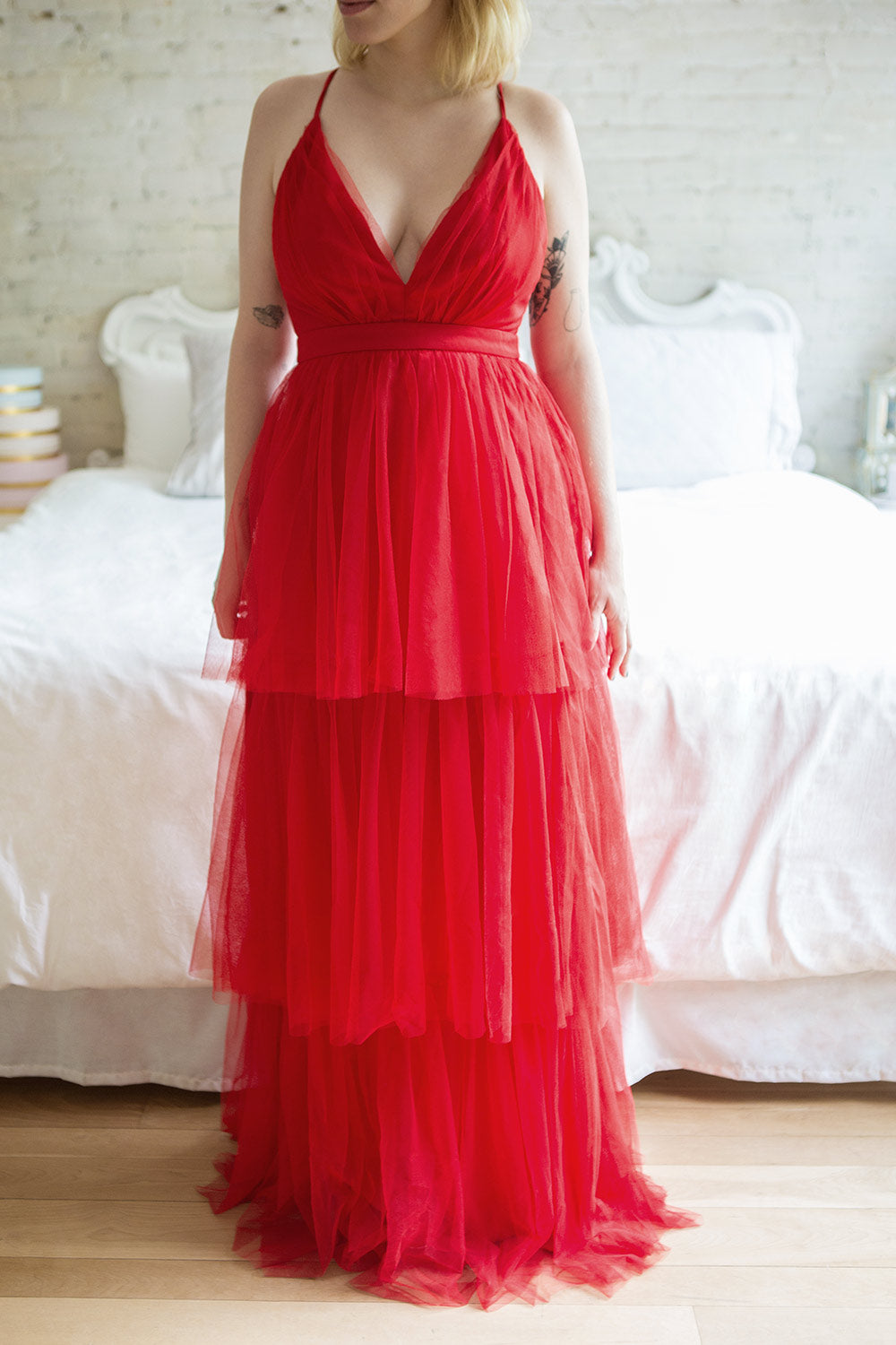 Estivam Red Layered Tulle Maxi Prom Dress | Boutique 1861 on model